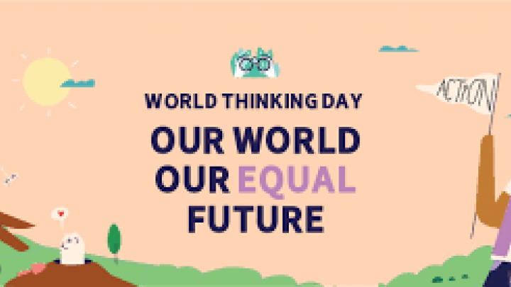 Illustration med teksten world thinking day. Our world - our equal future