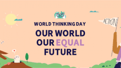 Illustration med teksten world thinking day. Our world - our equal future